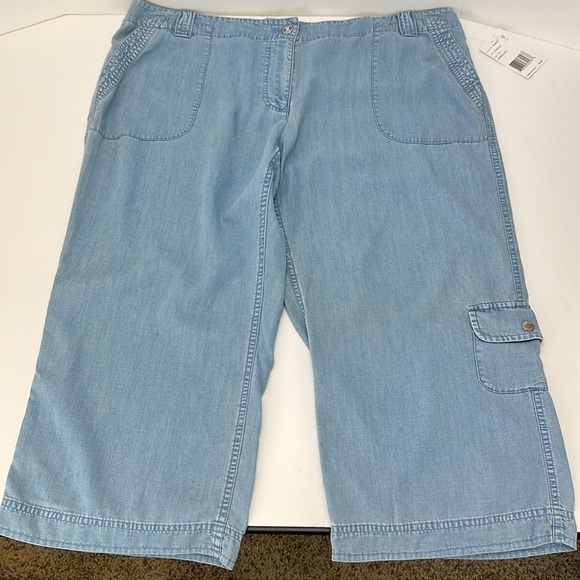 Villager Chambray Wide leg Cropped Pants 18 Tencel Blend Pockets Flowy C… - Picture 3 of 14